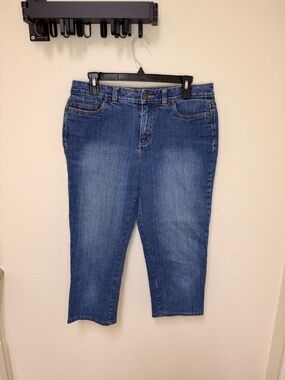 NWOT L.L. Bean Cotton Pants Women Blue Denim Slimming Fit Jean Capri Straight 12